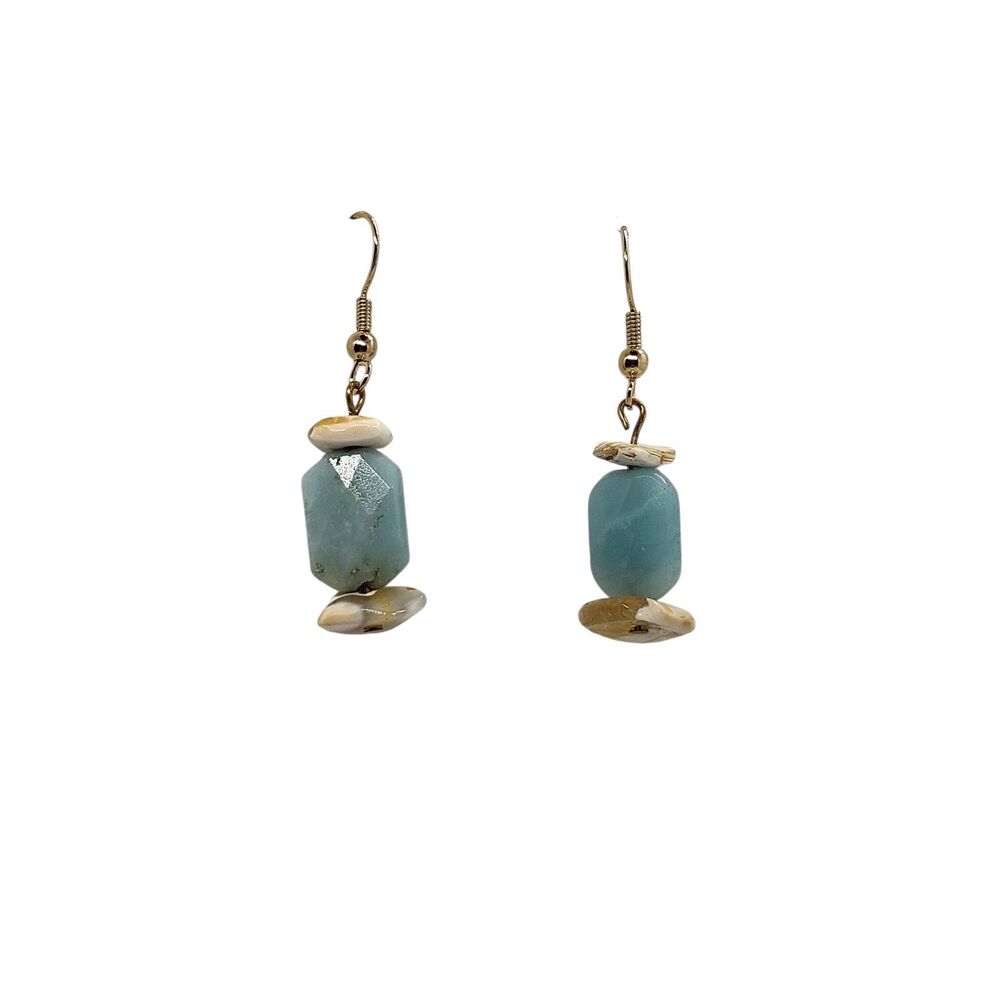 Aquamarine Calcite and Sea Glass Dangle Earrings Gold Hooks NEW Lori's Gifts